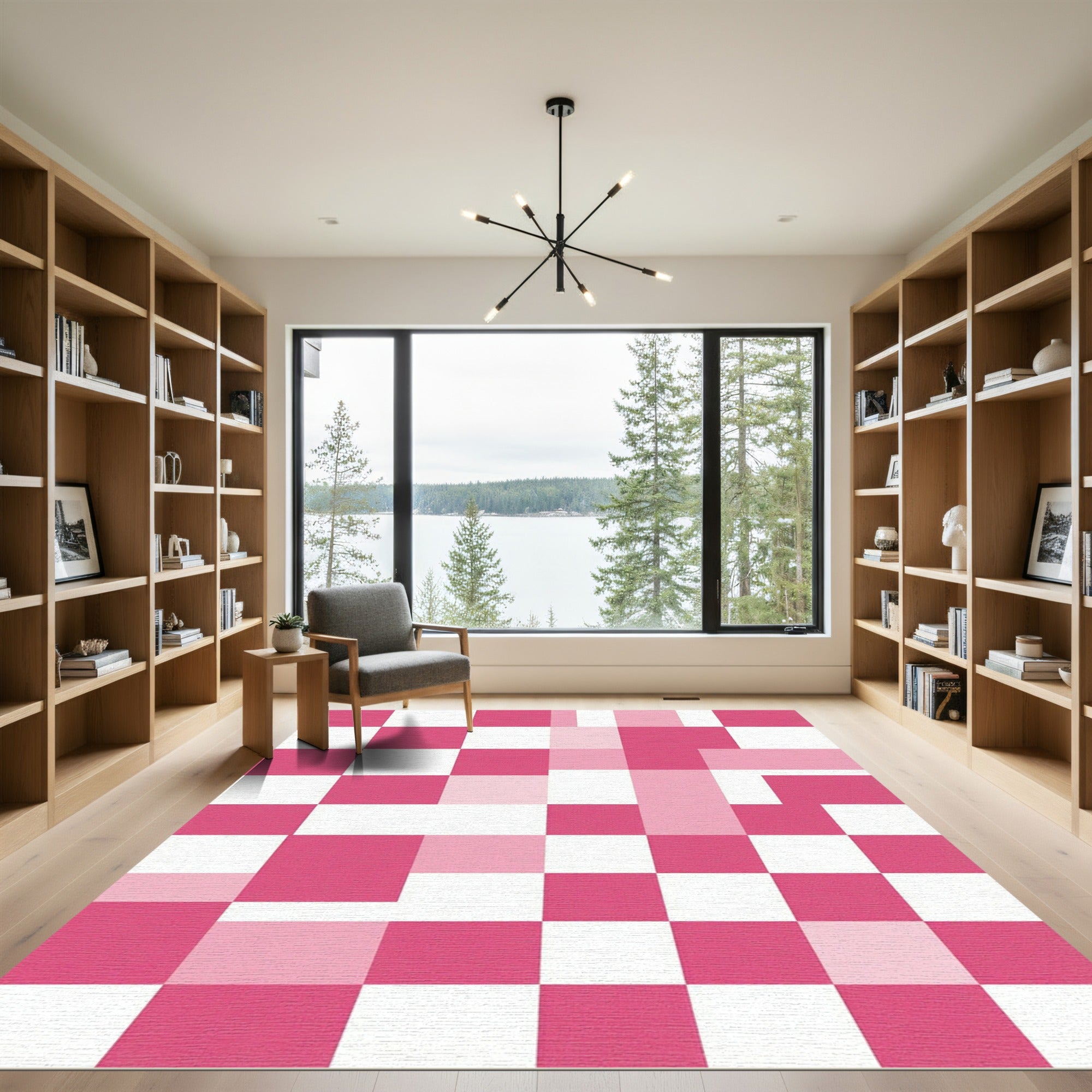 Modern Pink and White Geometric Checkerboard Rug