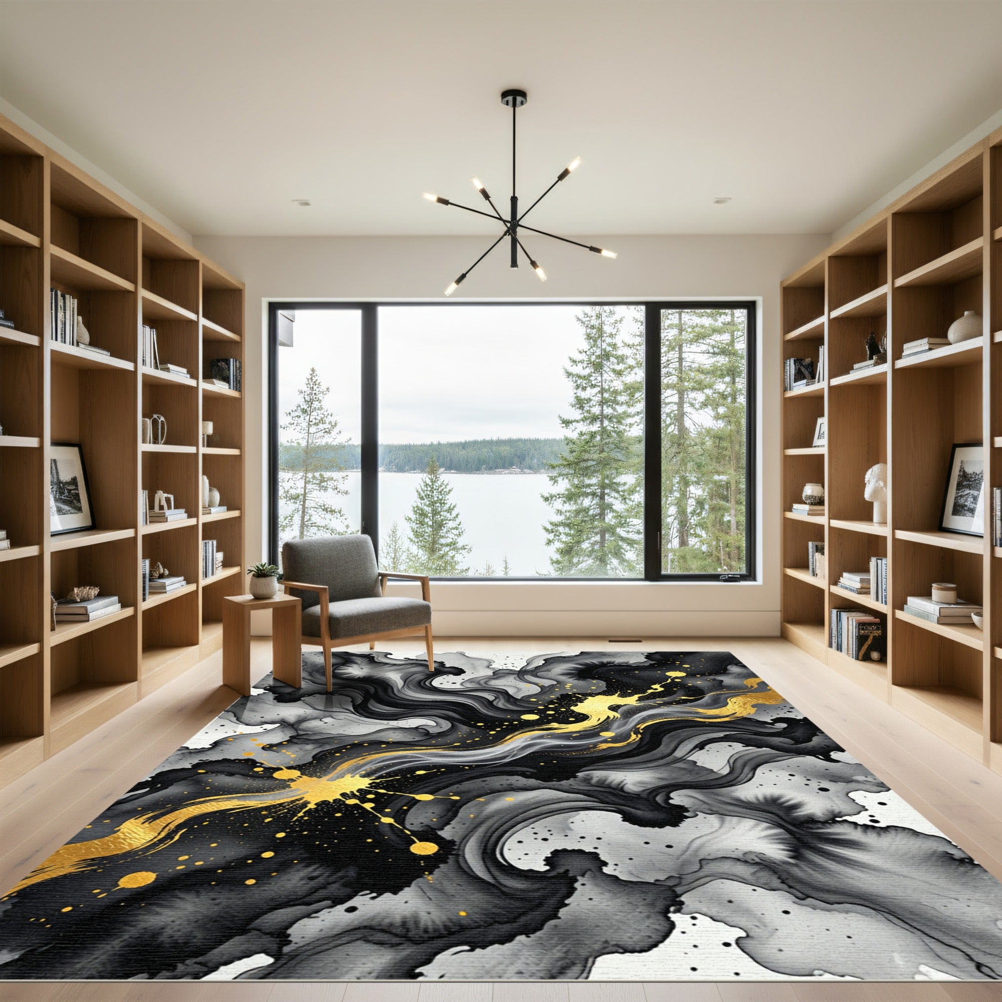 Modern Black and Gold Fluid Ink Rug