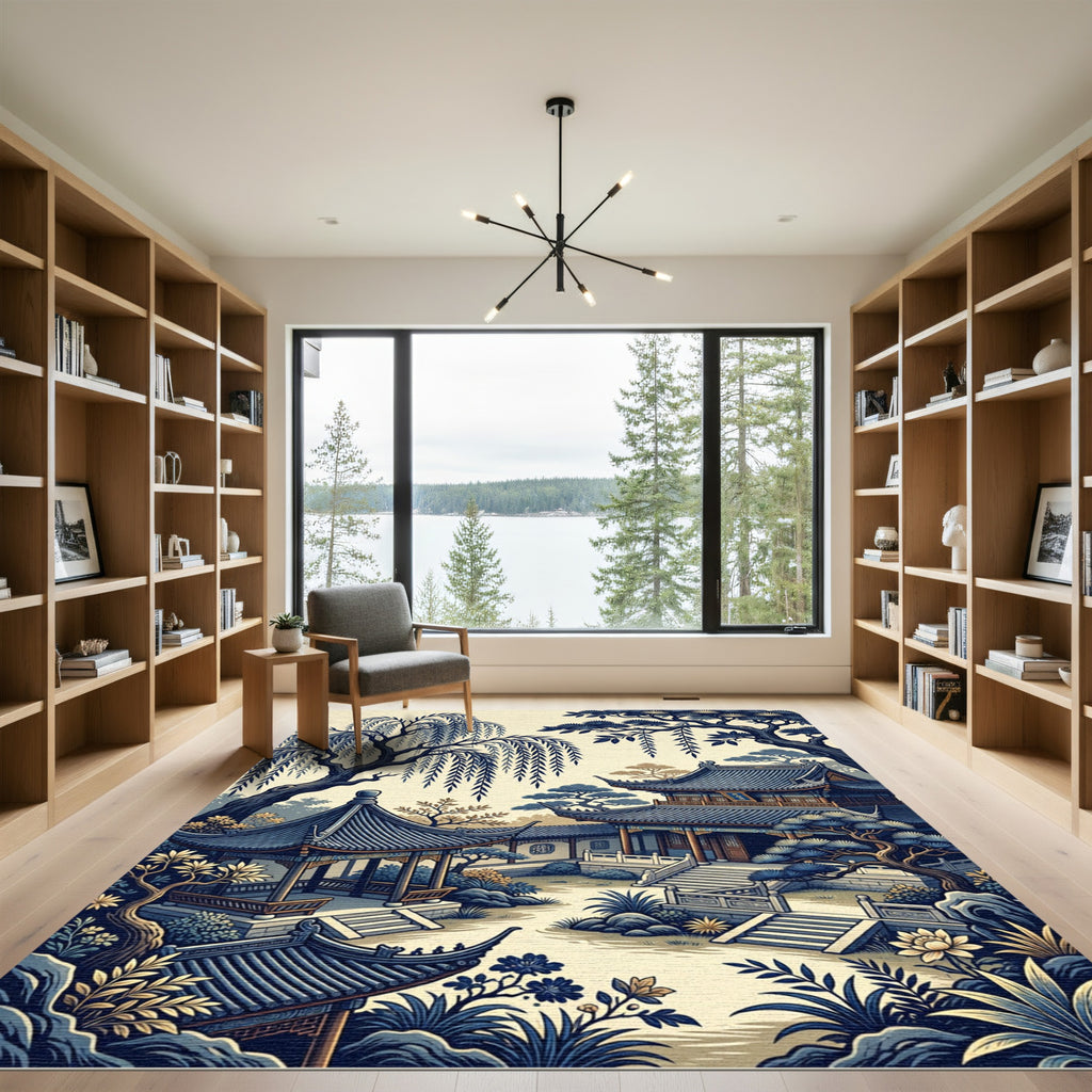 Azure Willow Pagoda Garden Scene Rug