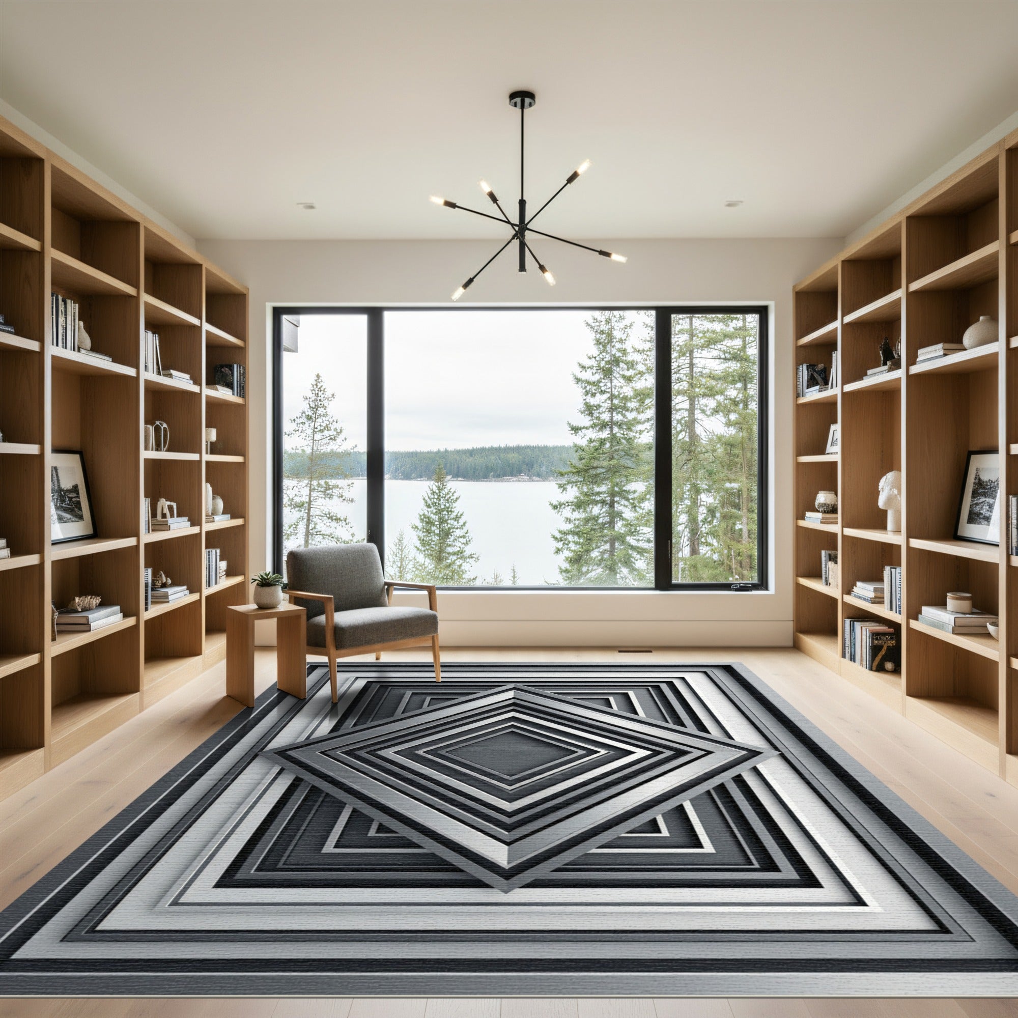 Modern Monochrome Geometric Stacked Diamonds Rug