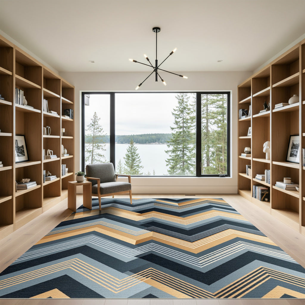 Modern Blue and Gold Zigzag Chevron Rug