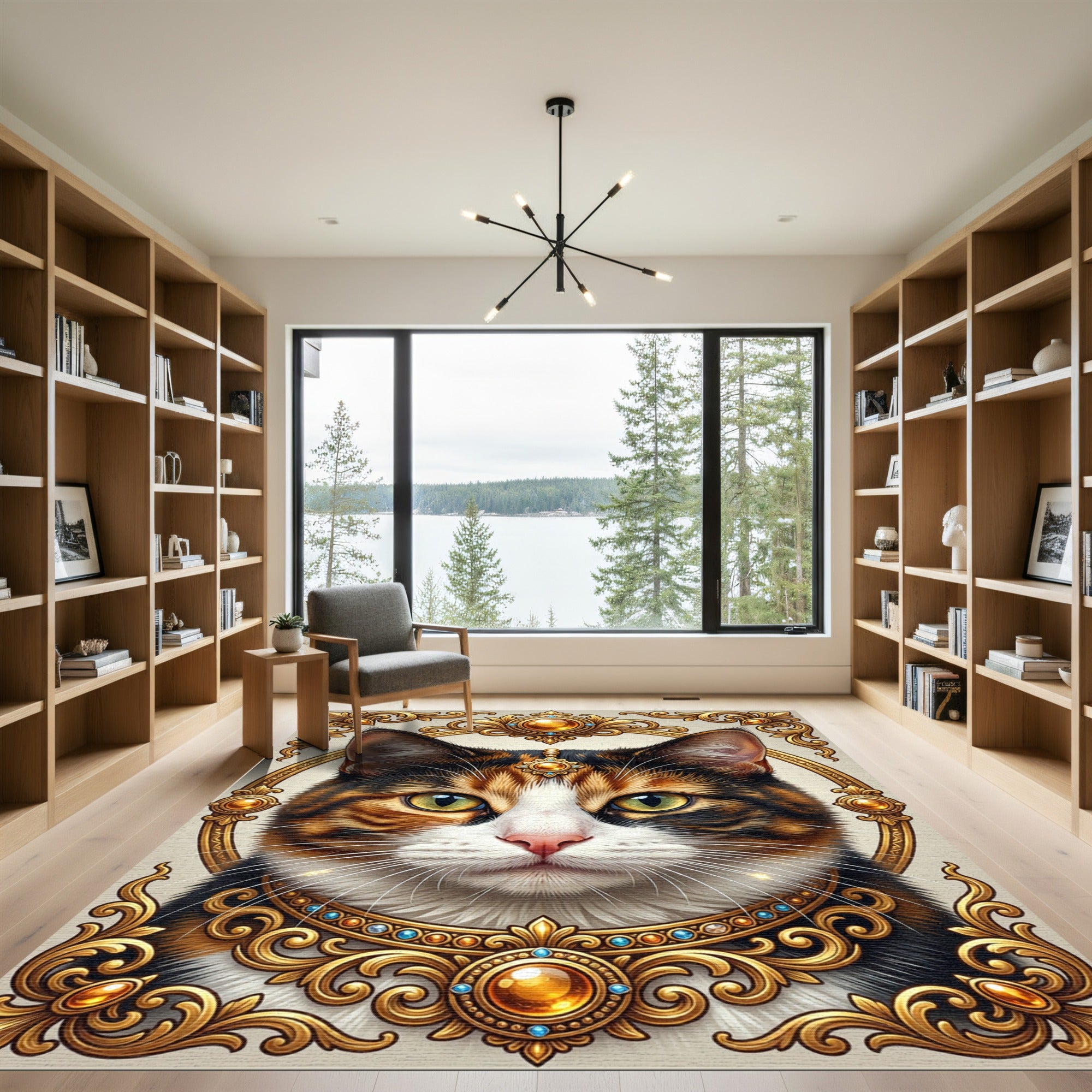 Ornate Golden Cat Portrait Rug
