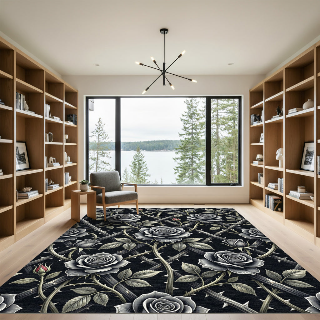 Gothic Black Rose Trellis Floral Rug