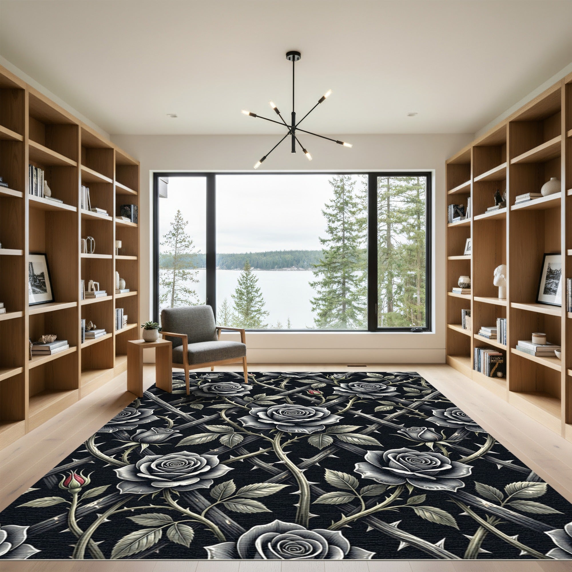 Gothic Black Rose Trellis Floral Rug
