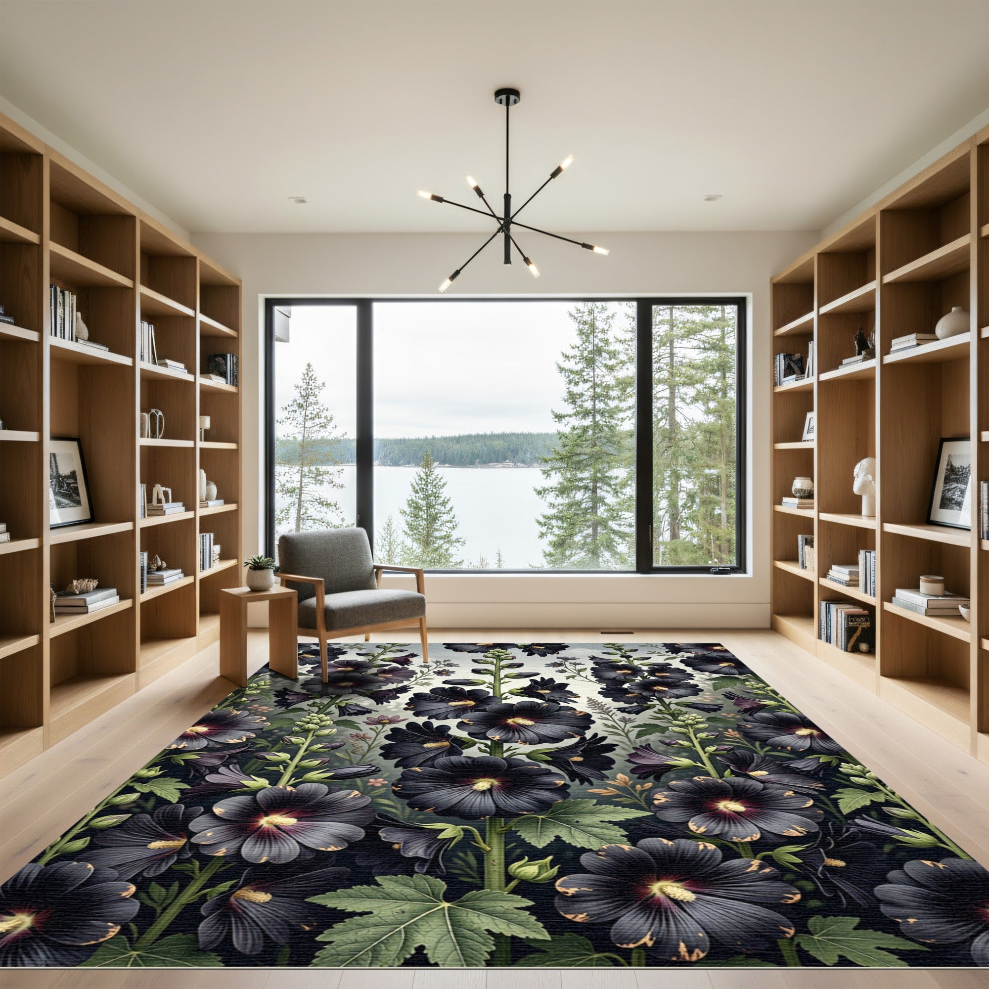 Dark Floral Garden Tall Stems Rug