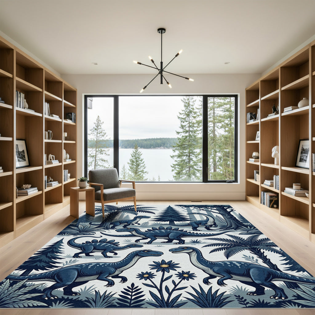 Blue Prehistoric Forest Dinosaur Scene Rug