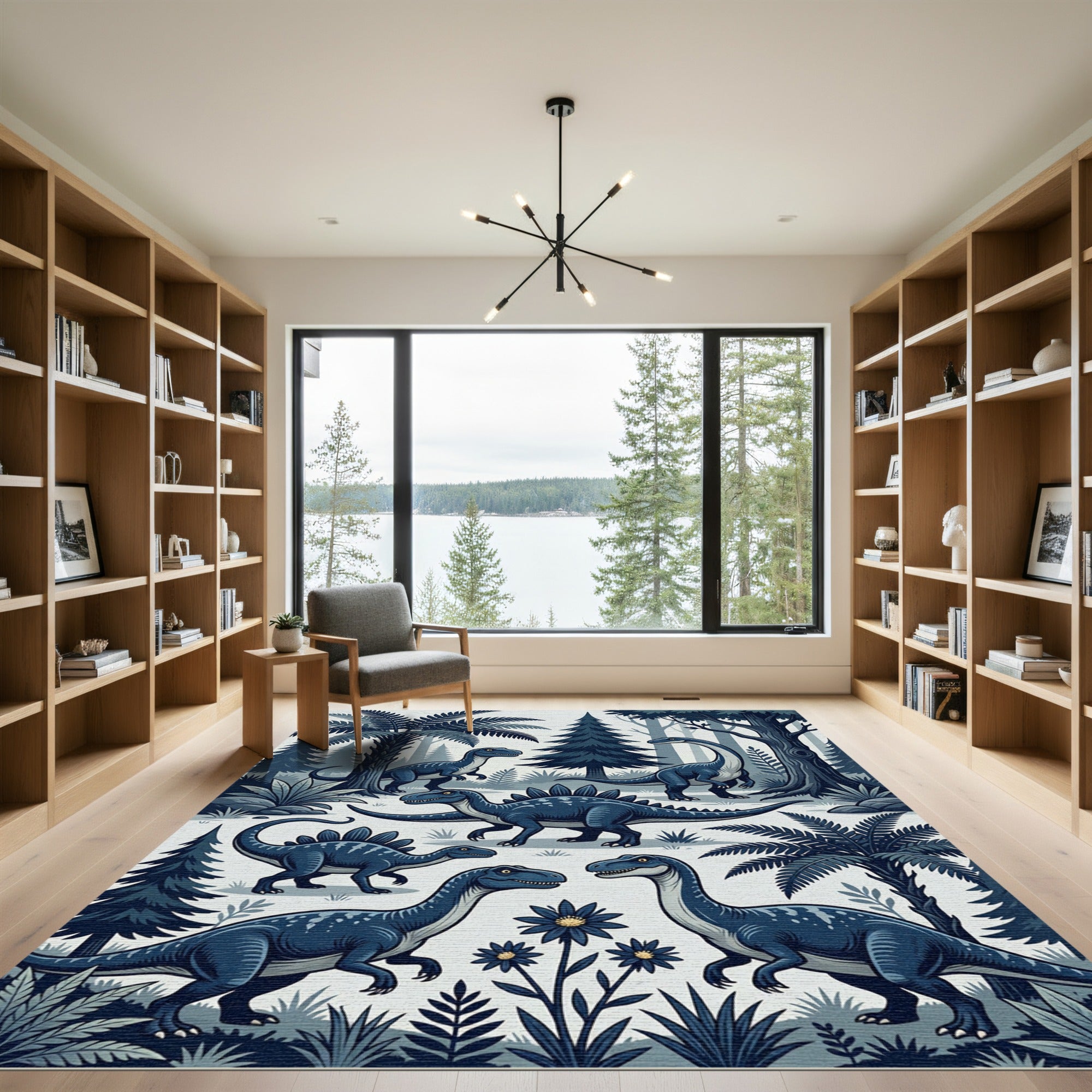Blue Prehistoric Forest Dinosaur Scene Rug