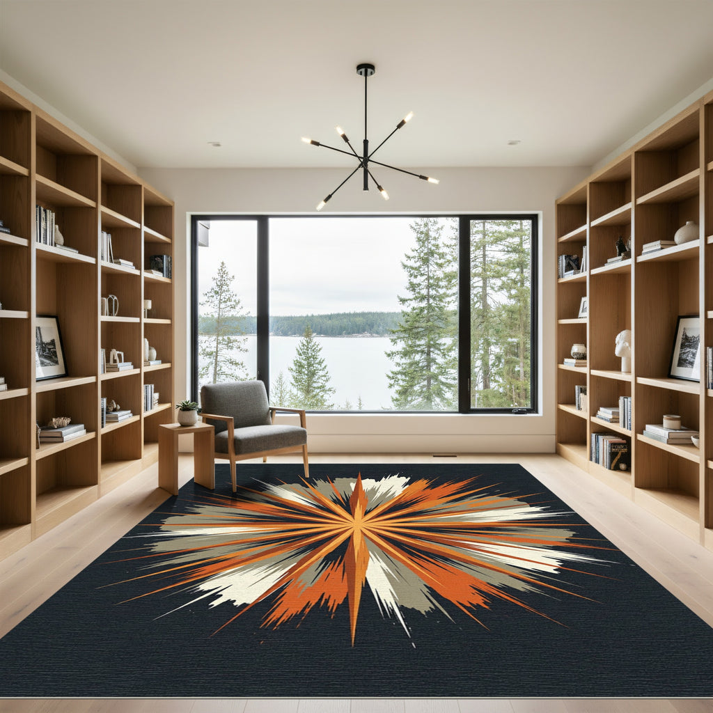 Vibrant Orange Burst Radial Art Rug