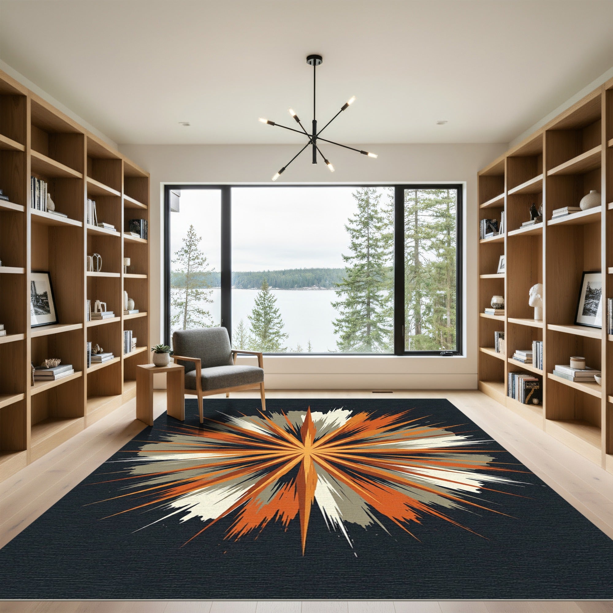 Vibrant Orange Burst Radial Art Rug