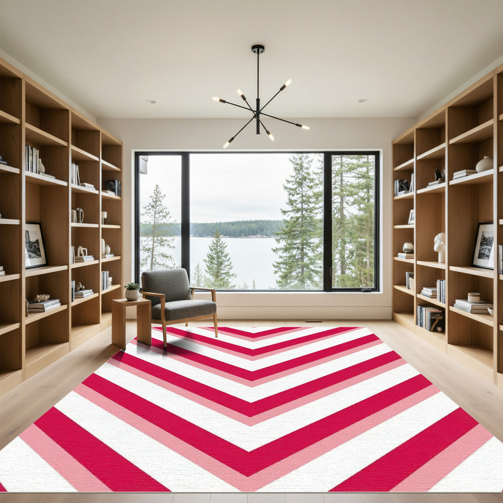 Vibrant Crimson Chevron Striped Geometry Rug