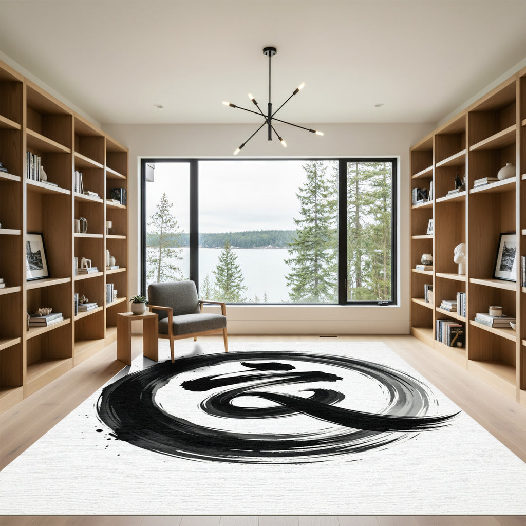 Bold Black Ink Brush Stroke Swirl Rug