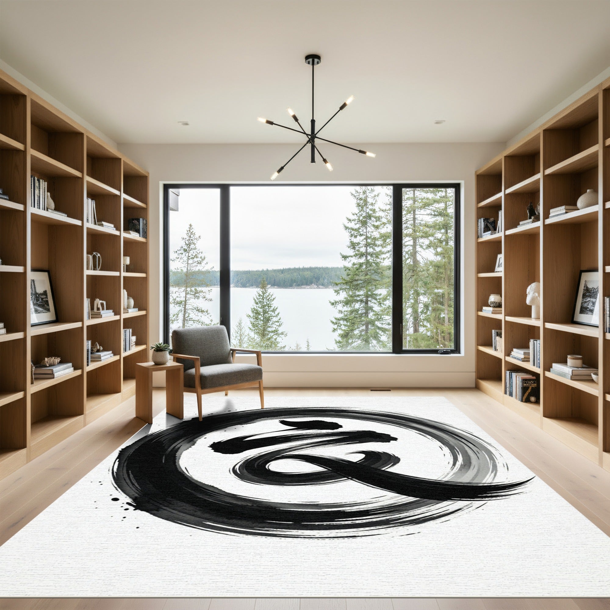 Bold Black Ink Brush Stroke Swirl Rug