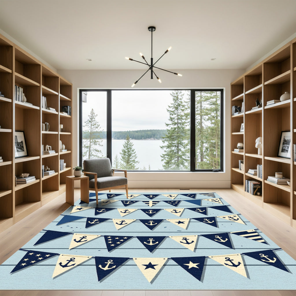 Nautical Navy Cream Anchor Pennant Banner Rug