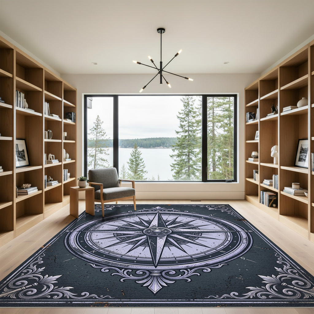 Vintage Slate Compass Rose Medallion Rug
