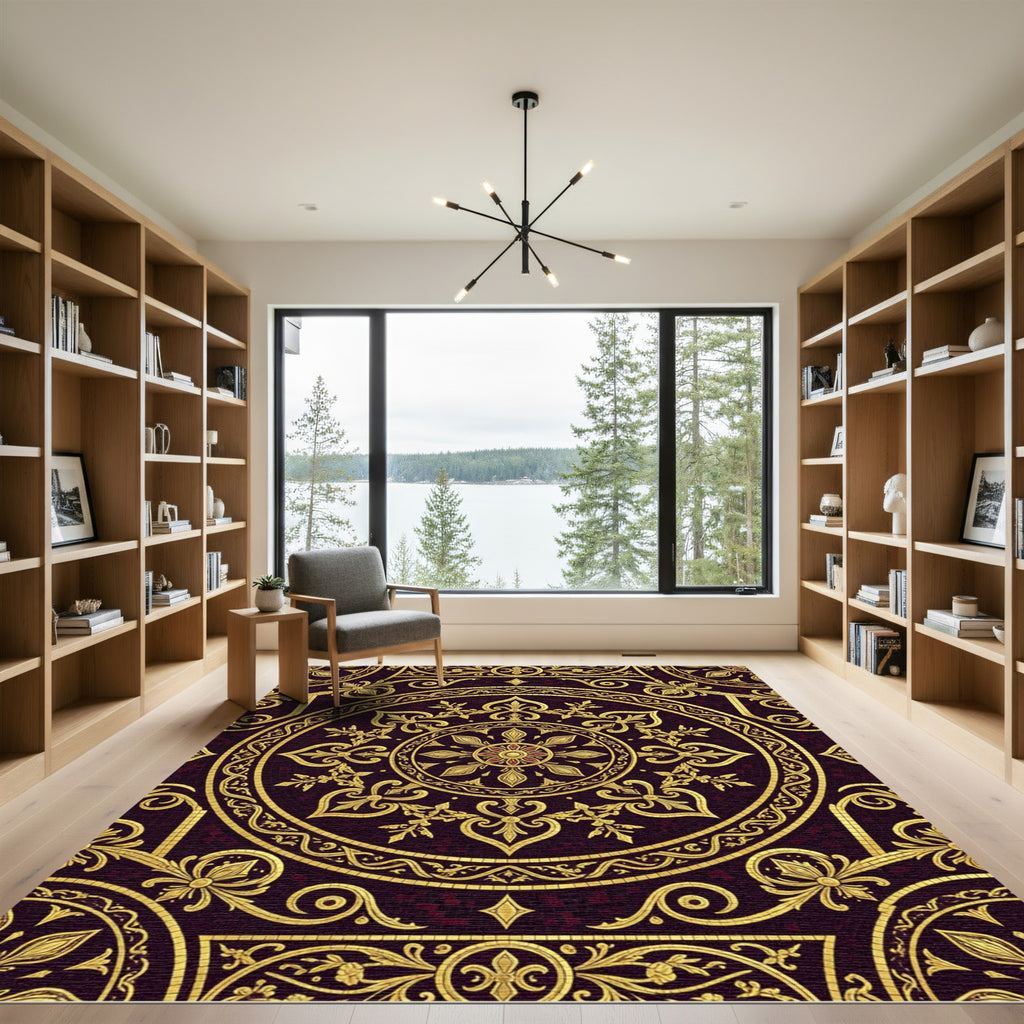Ornate Gold Crimson Mandala Rug