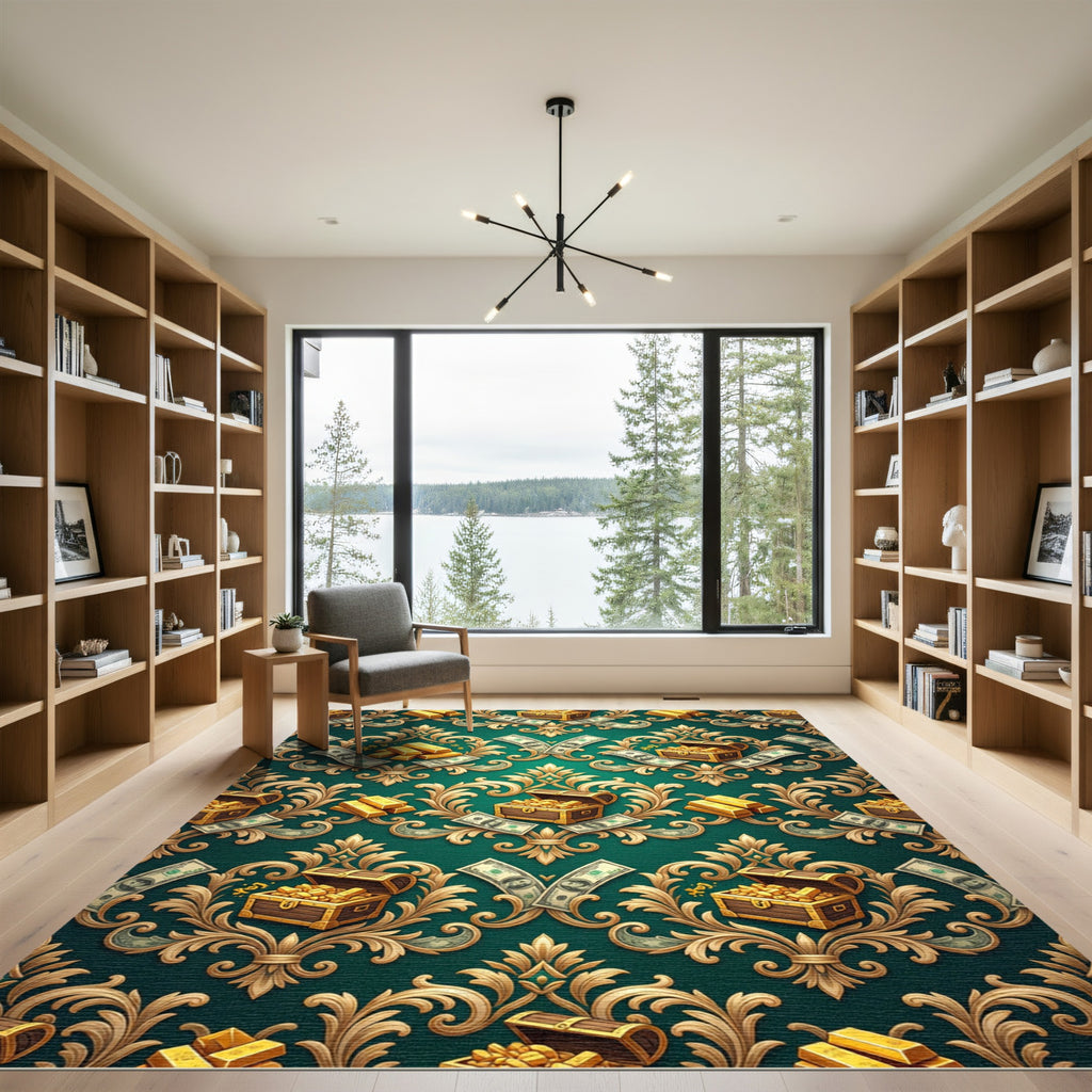 Opulent Emerald Gold Treasure Damask Rug