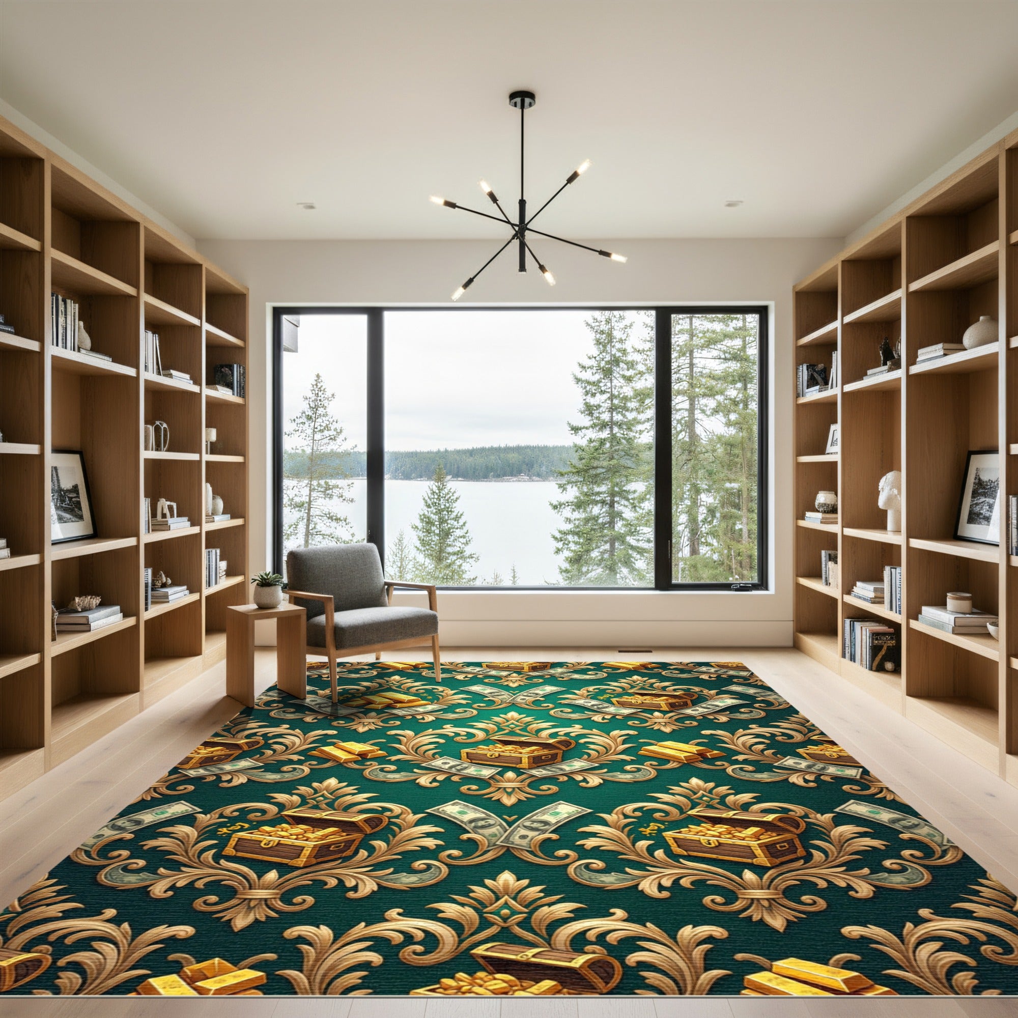 Opulent Emerald Gold Treasure Damask Rug