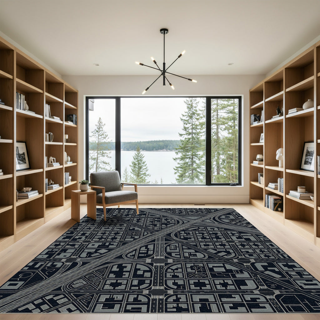 Urban Highway Gray Cityscape Overlay Rug