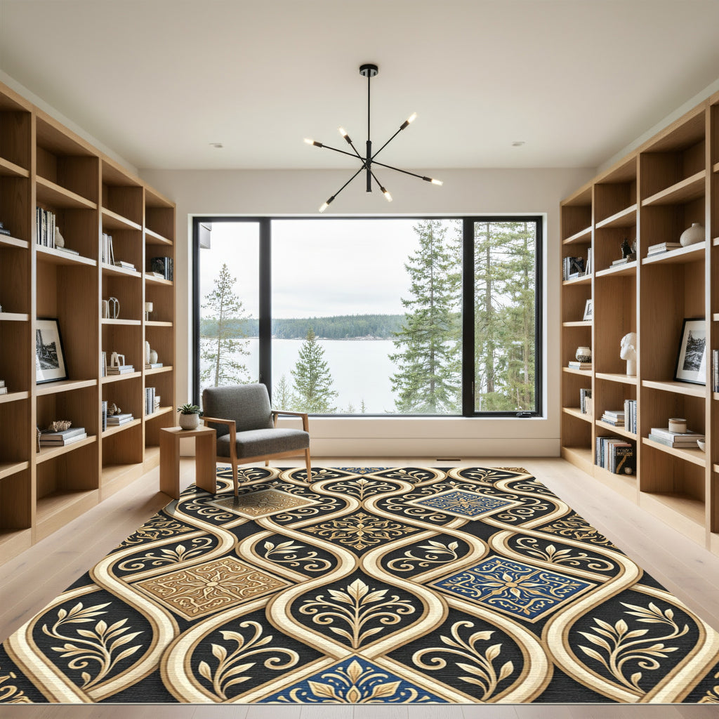 Elegant Gold and Blue Damask Interlace Rug