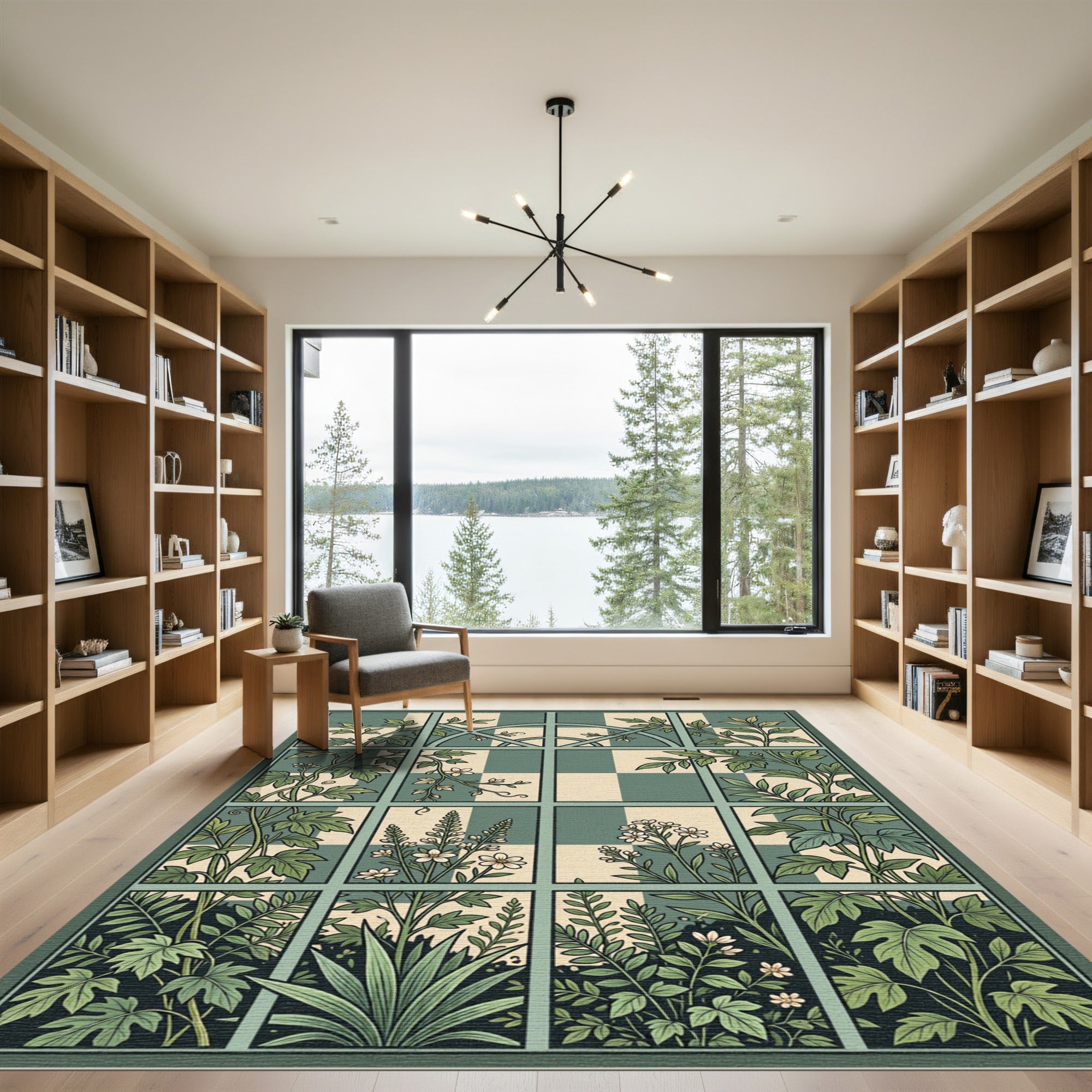 Green Floral Botanical Window Panes Rug