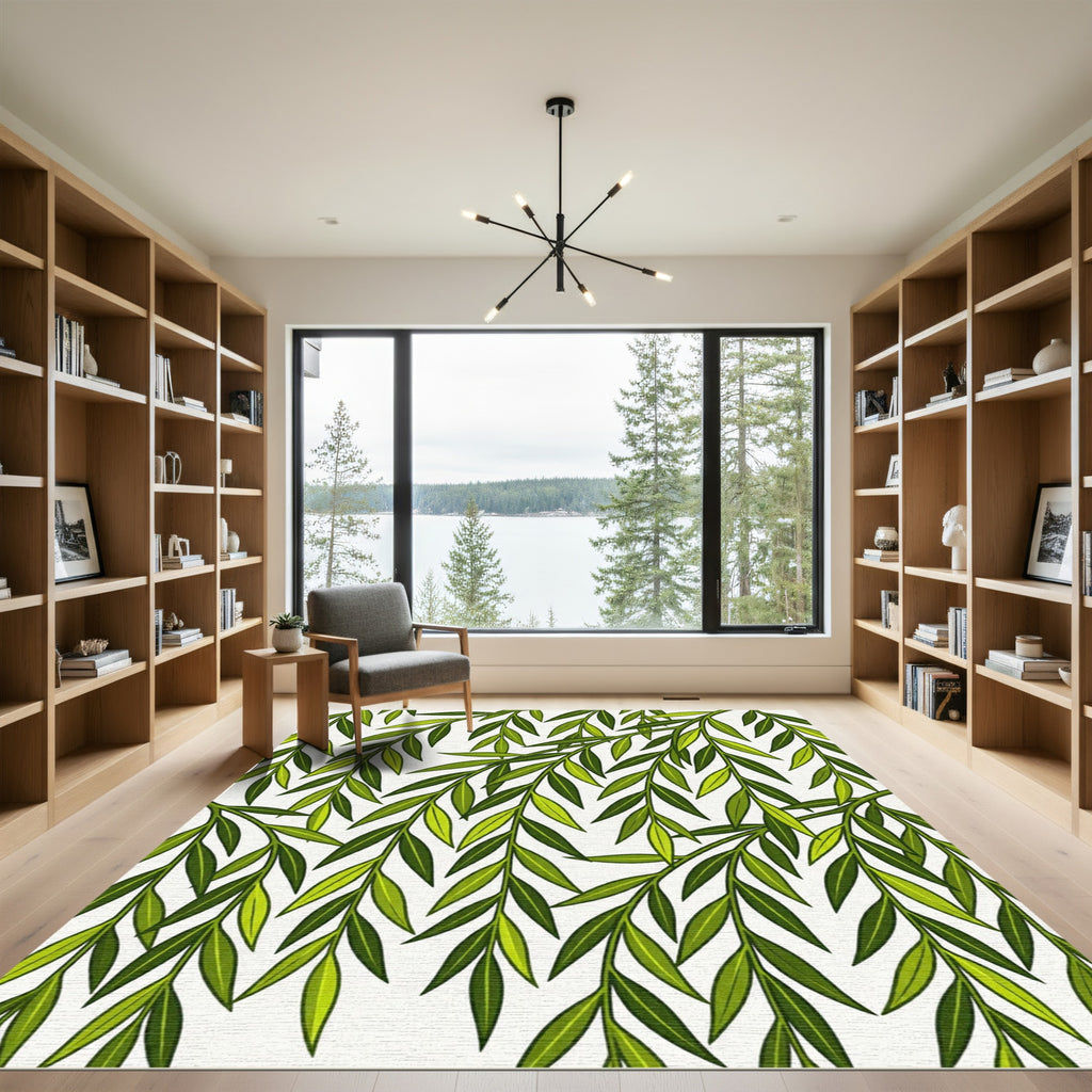 Vibrant Green Leafy Branch Arrangement Rug