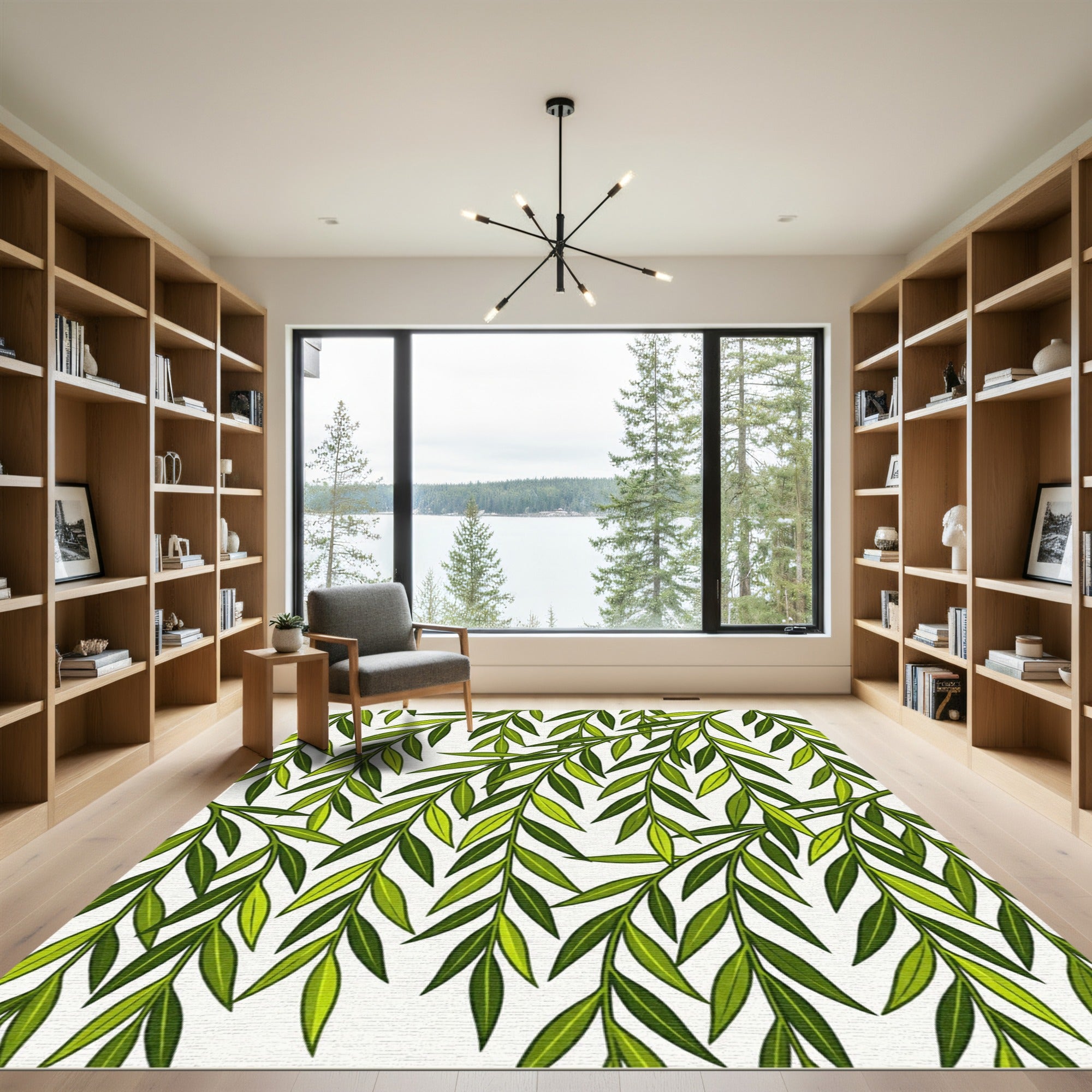 Vibrant Green Leafy Branch Arrangement Rug