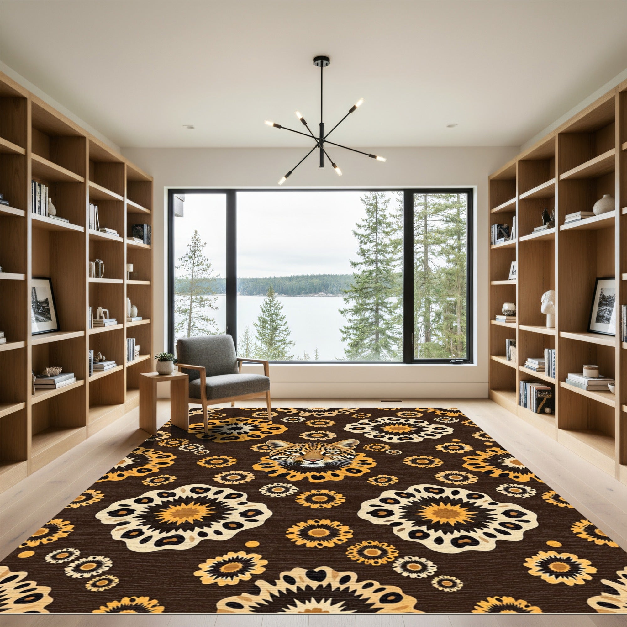 Bold Leopard Floral Medallion Brown Rug