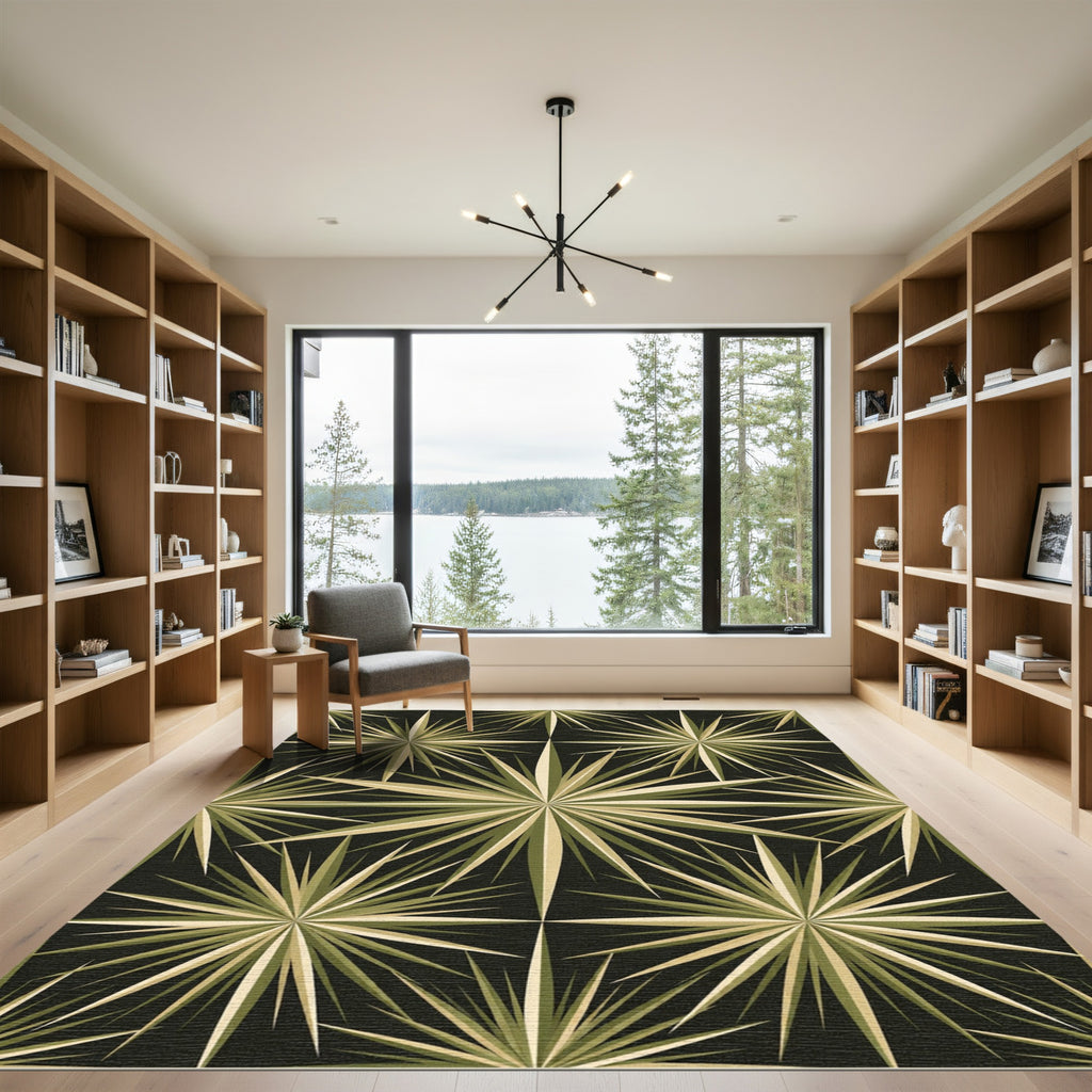 Olive Green Geometric Starburst Art Rug