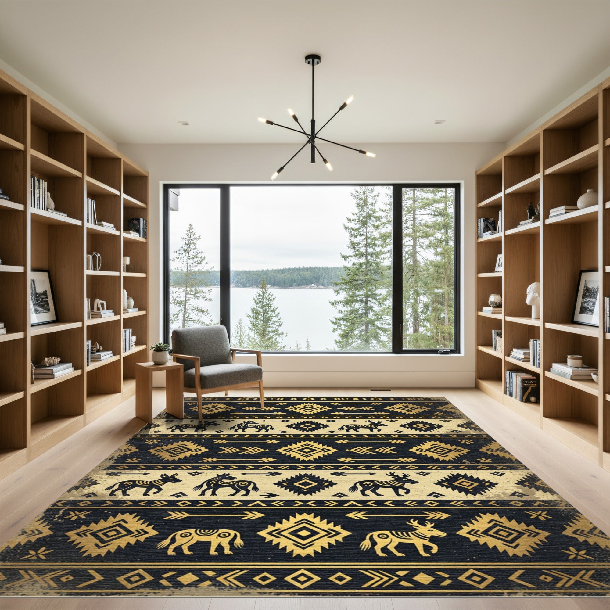 Golden Aztec Animal Geometric Striped Tapestry Rug