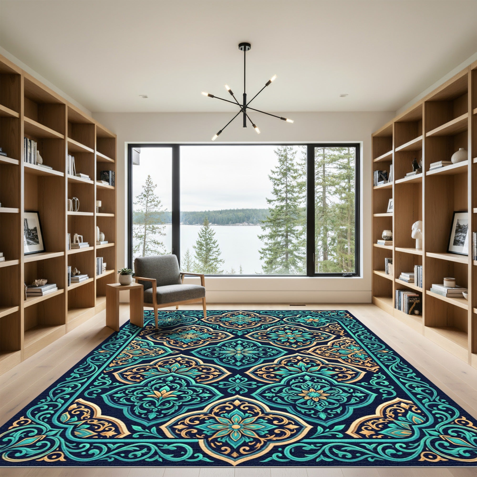 Intricate Teal and Gold Floral Medallion Rug