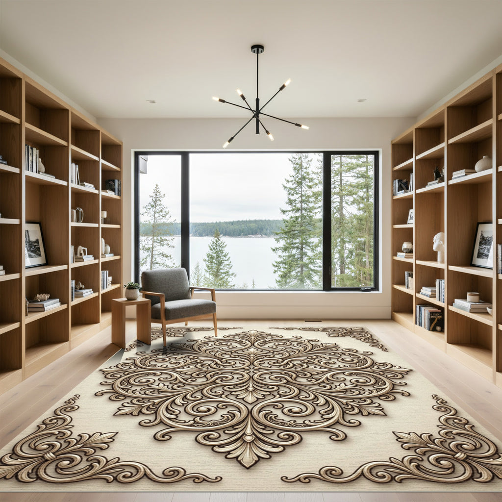 Cream Rococo Swirl Damask Medallion Rug