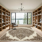Cream Rococo Swirl Damask Medallion Rug