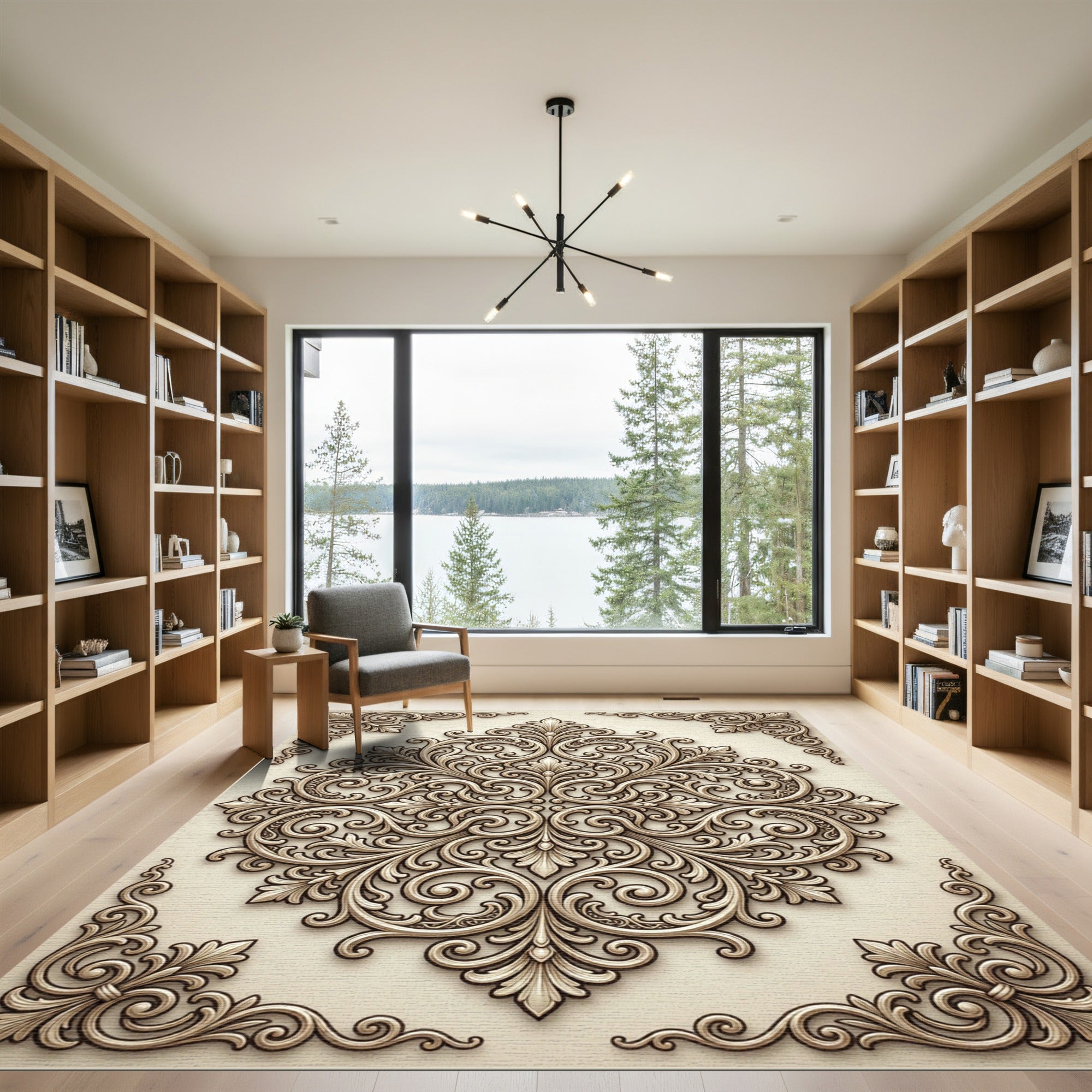 Cream Rococo Swirl Damask Medallion Rug