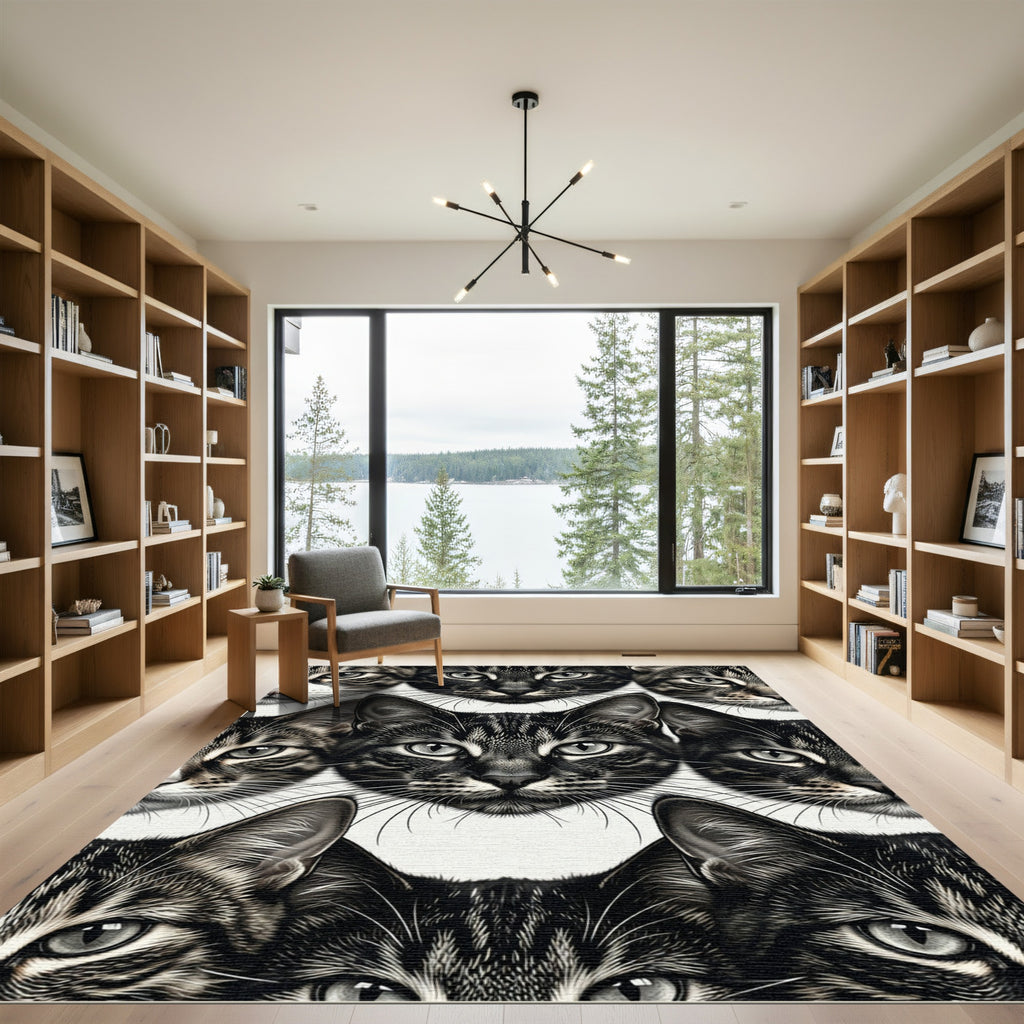 Monochromatic Feline Face Collage Rug