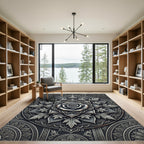 Monochrome Metallic Rose Floral Medallion Rug