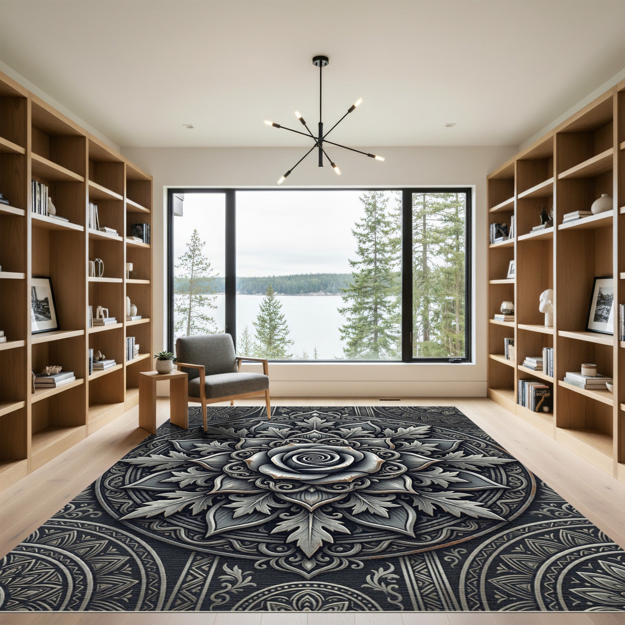 Monochrome Metallic Rose Floral Medallion Rug