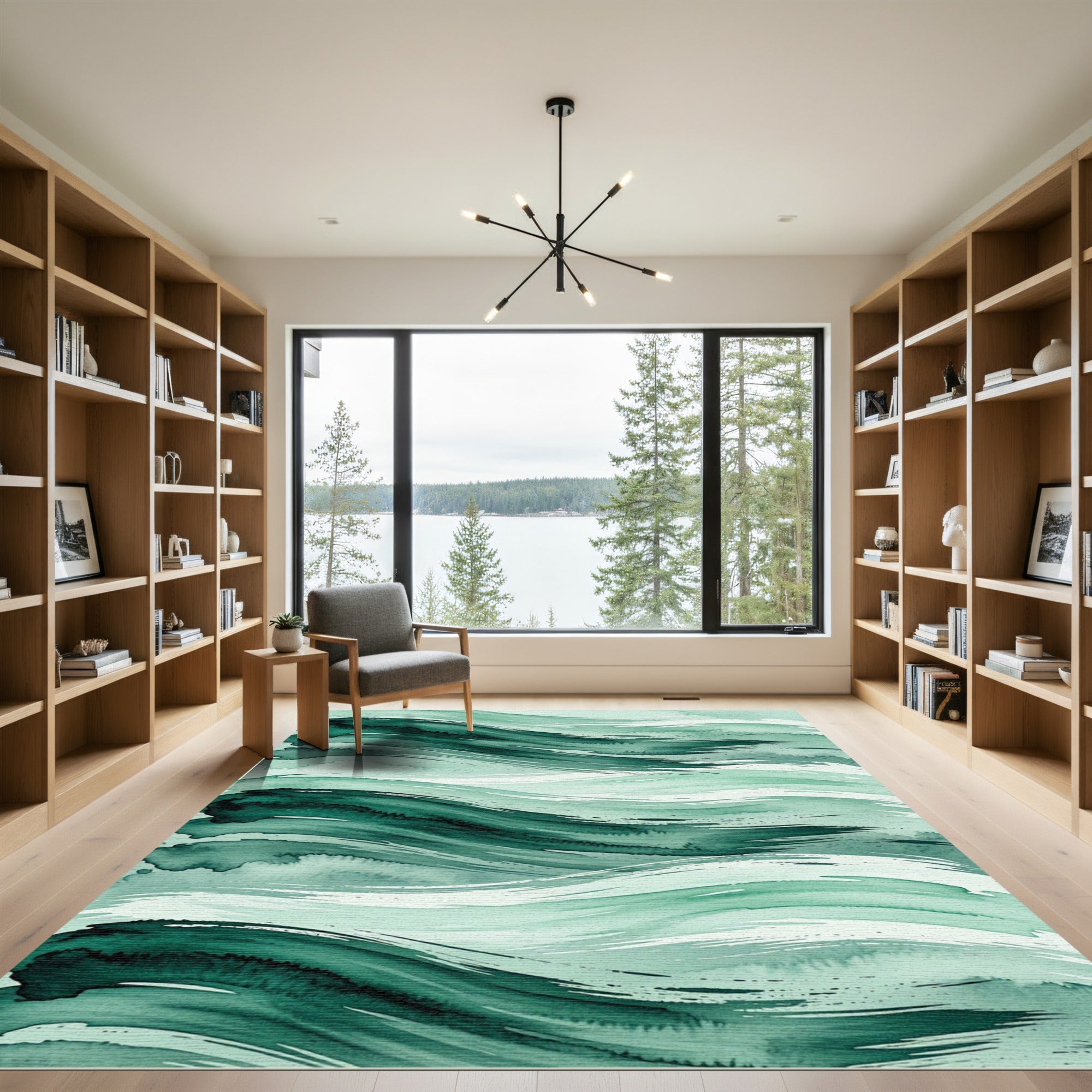 Deep Teal Abstract Brushstroke Waves Rug