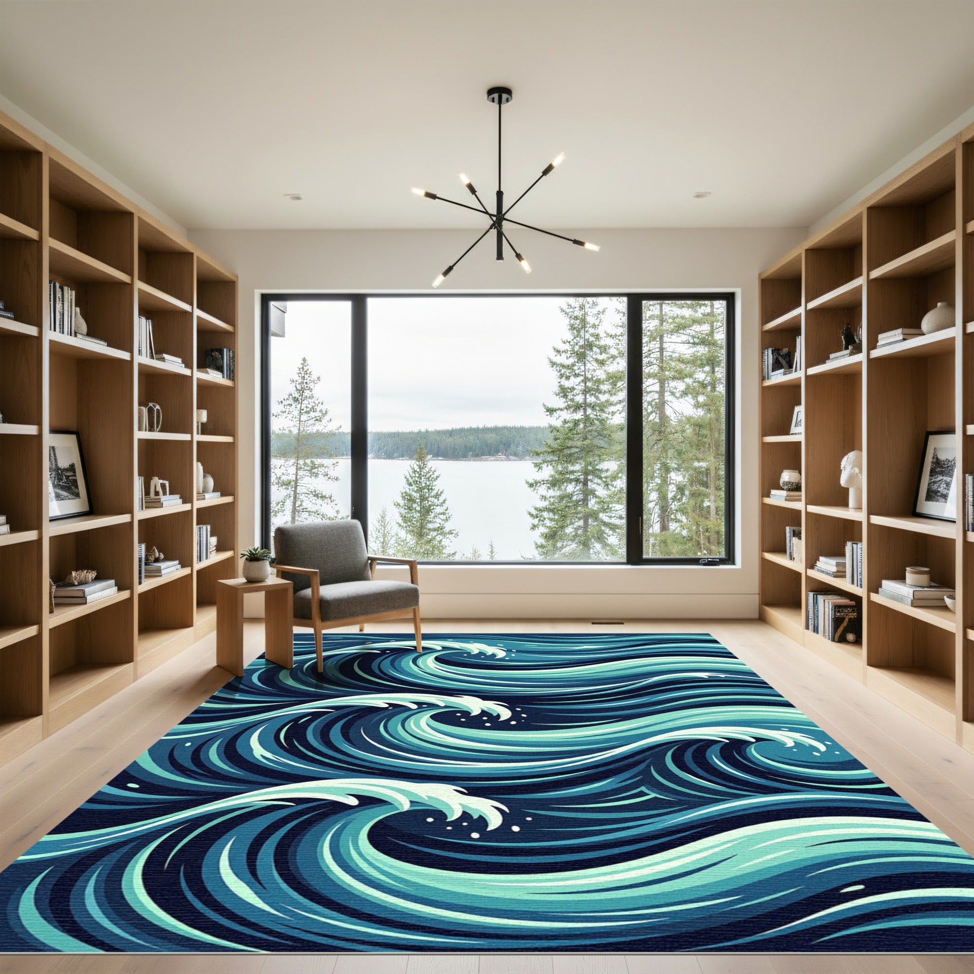 Abstract Blue Ocean Wave Swirls Rug
