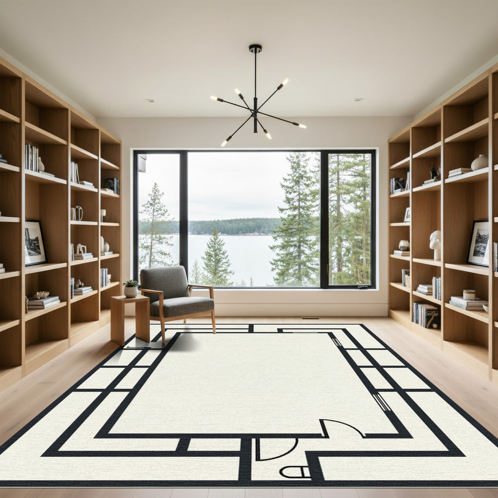 Bold Black Geometric Labyrinth Rug