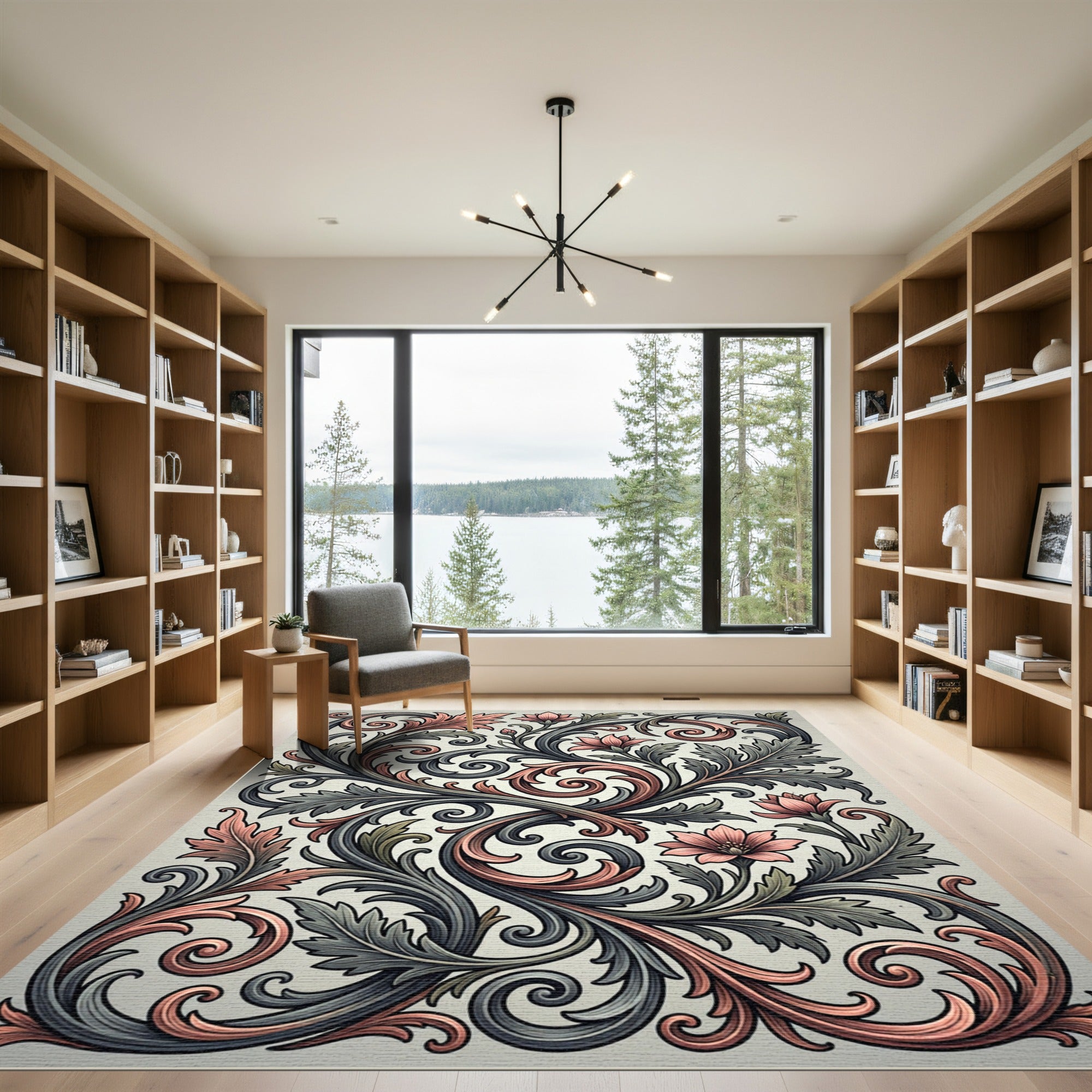 Coral Pink Opulent Floral Scroll Rug