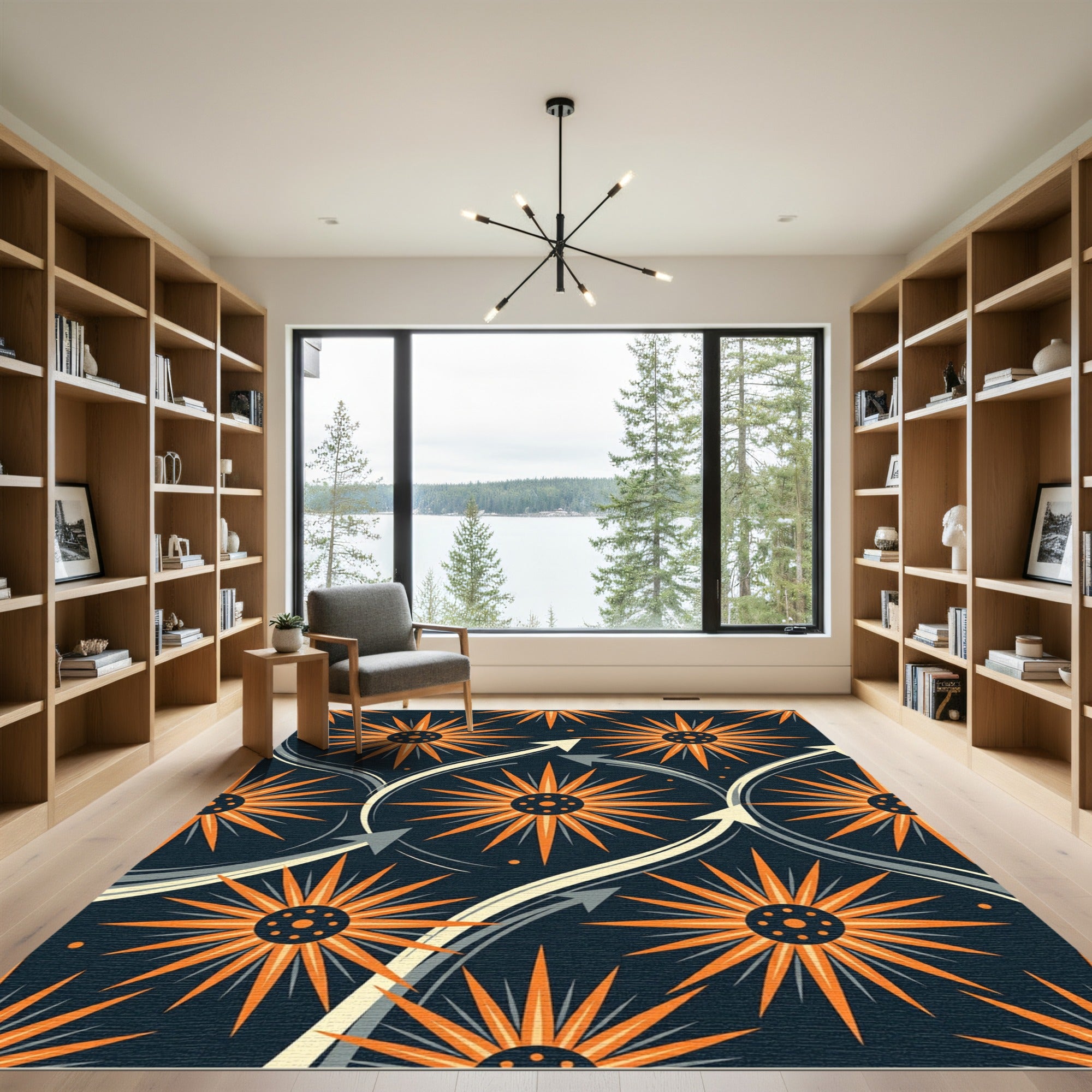 Midcentury Orange Starburst Curved Geometric Rug