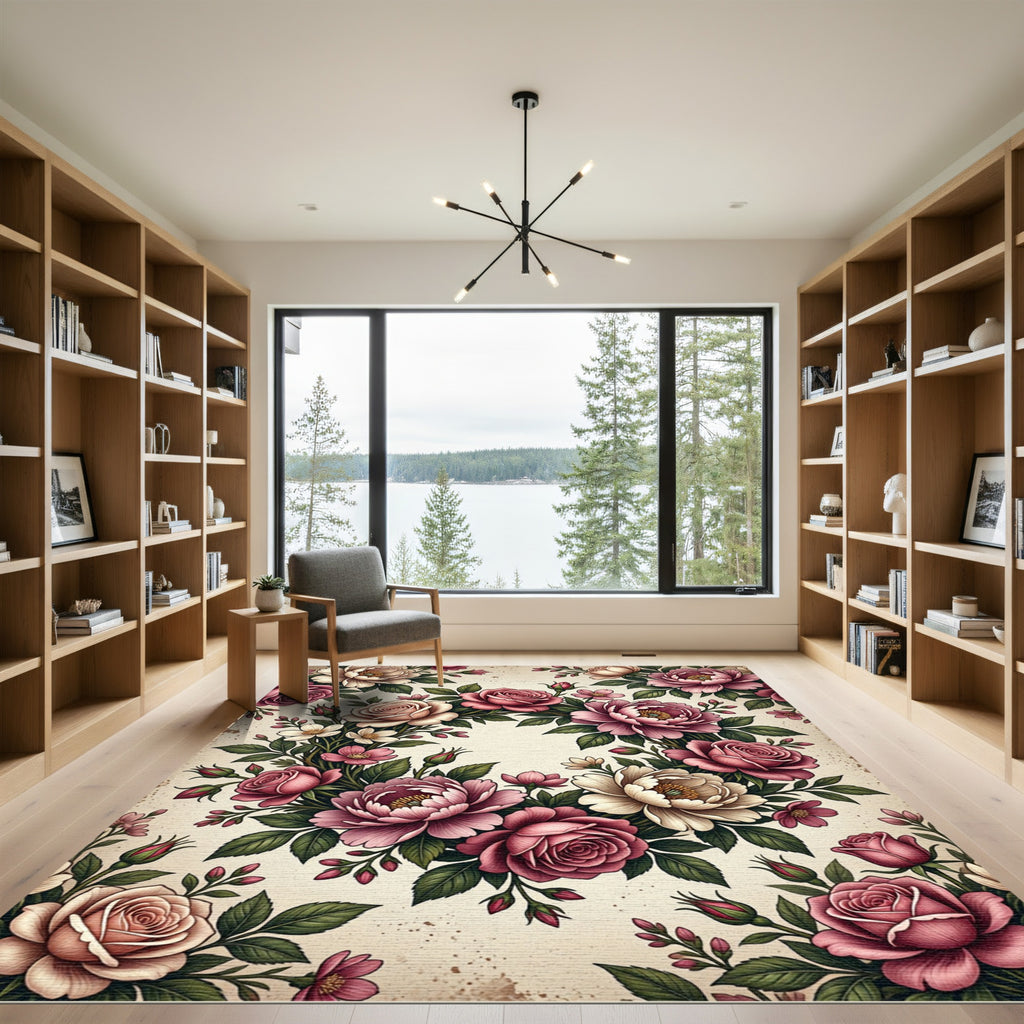 Elegant Vintage Floral Cream Rose Wreath Rug