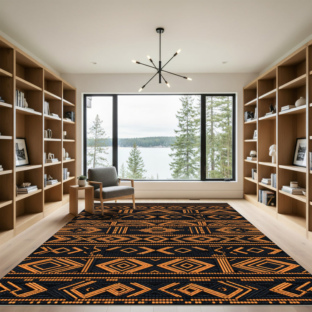 Bold Orange And Black Geometric Tribal Rug