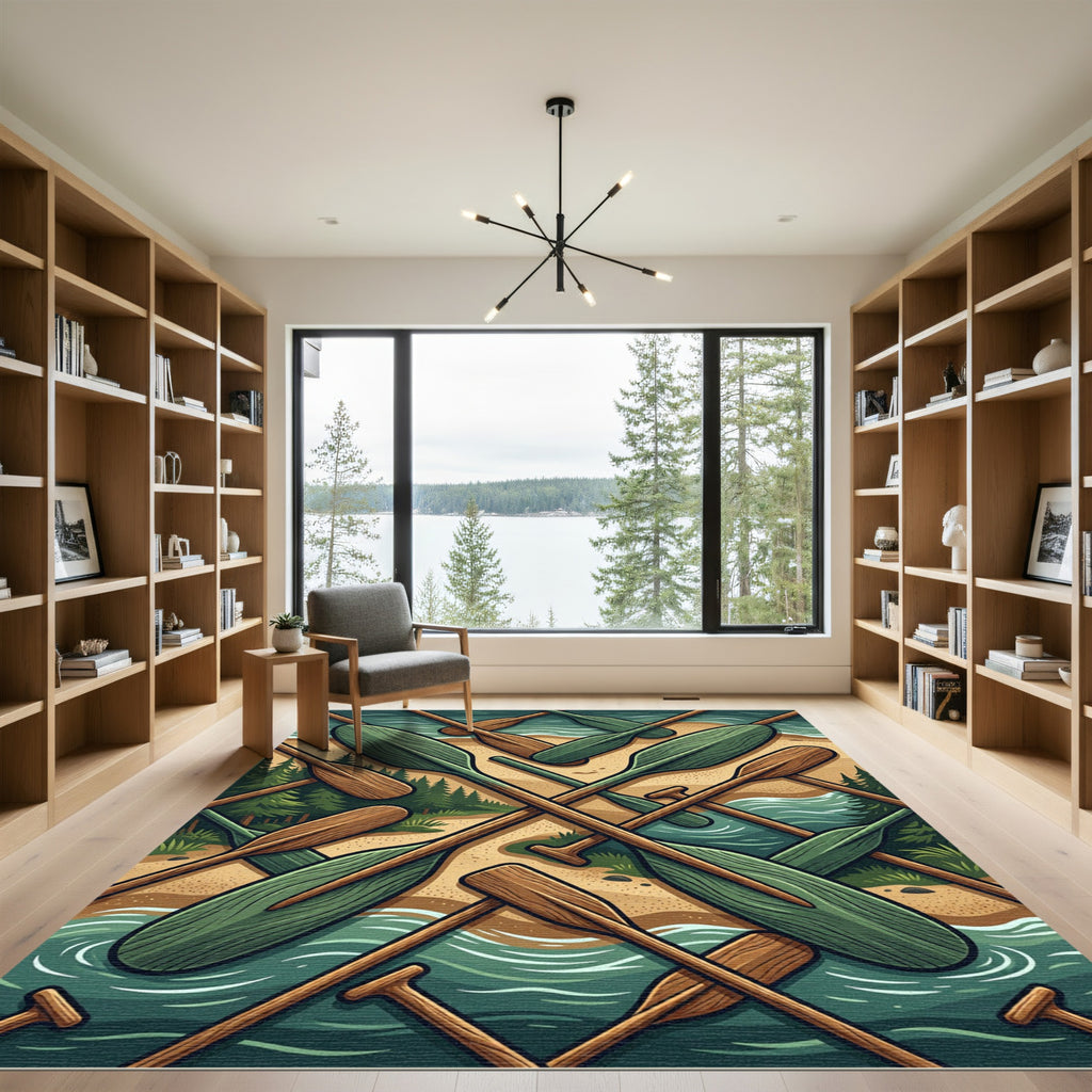 Crossed Wooden Oars Forest Lake Landscape Rug