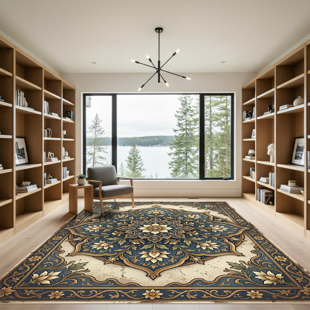 Intricate Navy Golden Floral Medallion Rug