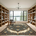 Intricate Navy Golden Floral Medallion Rug