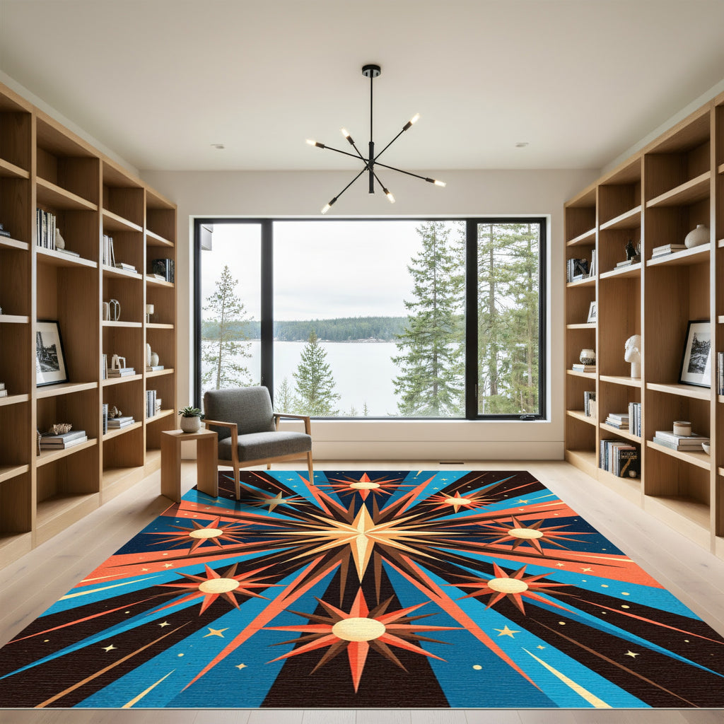 Celestial Golden Starburst Geometric Art Rug