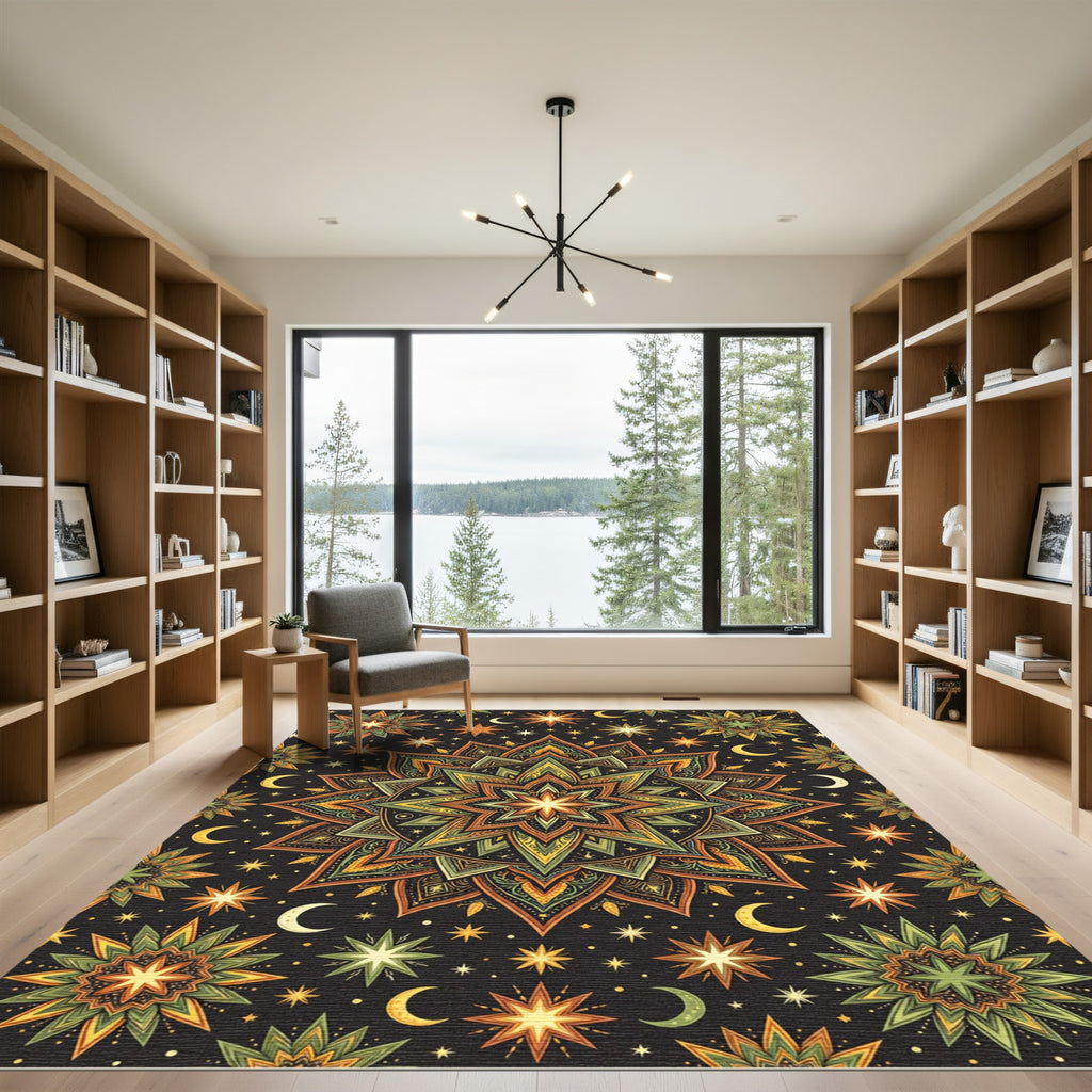 Celestial Starry Mandala with Golden Moons Rug