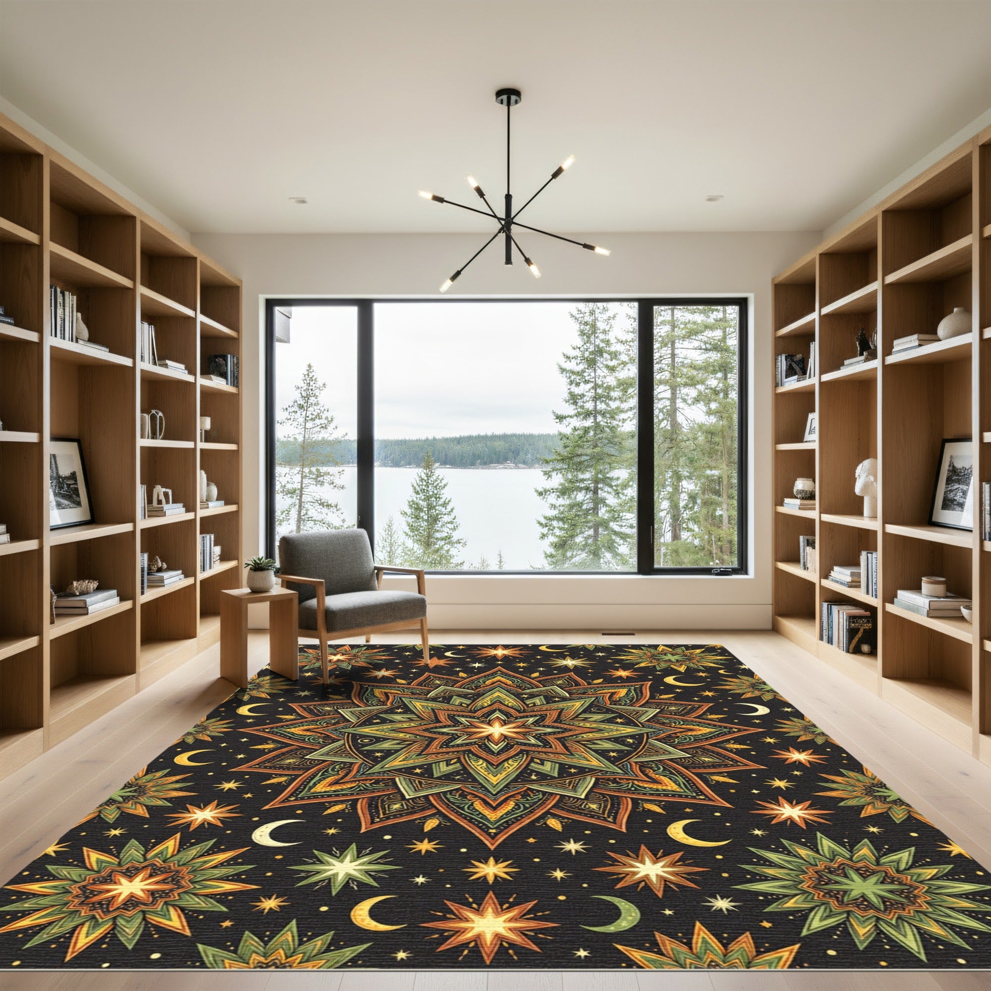Celestial Starry Mandala with Golden Moons Rug