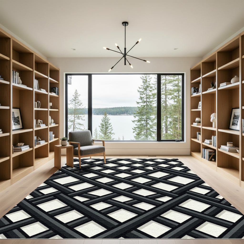 Sophisticated Black and White Lattice Grid Rug